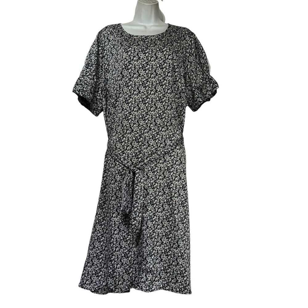 h&m black White floral Short Sleeve waist tie dress Size XXL